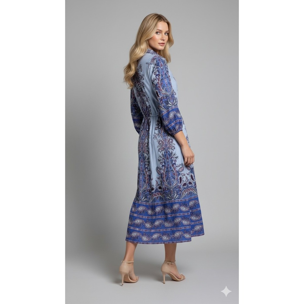 Loft Light Blue Paisley Floral Midi Shirtdress‎ Size XS Button Front Collar Belt - Picture 2 of 7
